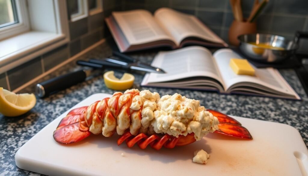 A well-lit kitchen counter showcases a series of step-by-step instructions for cooking lobster tails. In the foreground, a freshly cooked lobster tail rests on a cutting board, its succulent meat gently extracted from the shell. The middle ground features various tools and ingredients, including a sharp knife, kitchen shears, lemon wedges, and a bowl of melted butter. In the background, an open cookbook provides additional guidance, its pages illuminated by soft, even lighting. The overall scene conveys a sense of culinary expertise and attention to detail, perfectly capturing the essence of the "Cooking Lobster Tails Step by Step" section.