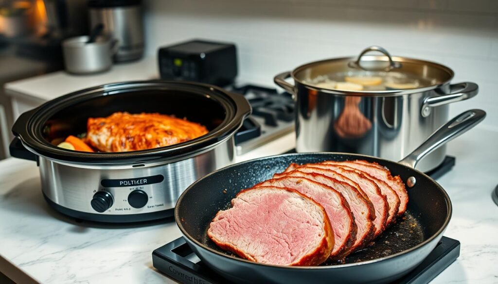 A well-lit kitchen counter, showcasing various cooking methods for corned beef. In the foreground, a slow cooker simmering with a tender corned beef brisket, surrounded by aromatic spices and vegetables. In the middle, a cast-iron skillet searing a thick slice of corned beef, creating a caramelized crust. In the background, a large stockpot filled with bubbling broth, perfect for boiling or simmering the corned beef. Hints of stainless steel appliances and white subway tiles provide a clean, modern backdrop, complementing the rustic cooking tools. The scene exudes the comforting aroma of a classic St. Patrick's Day feast, inviting the viewer to explore the diverse techniques for preparing the perfect corned beef.