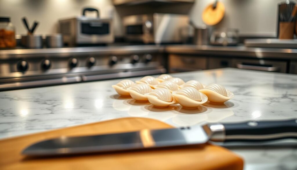 A well-lit kitchen counter, the surface gleaming with stainless steel and marble. Atop it, a selection of fresh, glistening scallops arranged in a symmetrical pattern, their delicate white flesh accentuated by a gentle spotlight. In the foreground, a sharp chef's knife and a wooden cutting board, ready to expertly prepare the scallops. In the background, a subtle blur of kitchen appliances and utensils, suggesting a professional culinary setting. The lighting is soft and warm, creating a harmonious and inviting atmosphere, perfect for showcasing the art of scallop preparation.