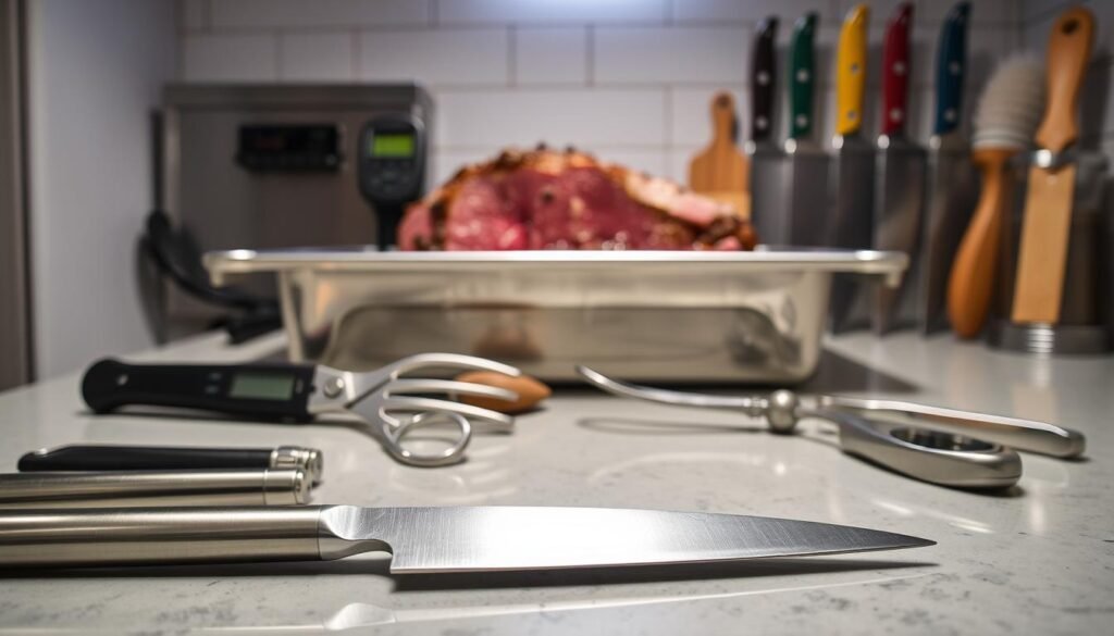 A well-lit kitchen counter, the surface gleaming with stainless steel utensils arranged neatly. In the foreground, a sharp carving knife, its blade honed to perfection, rests alongside a sturdy meat fork and a pair of kitchen shears. In the middle ground, a heavy-duty roasting pan sits, ready to receive the prime rib. Beside it, a digital meat thermometer and a basting brush, essential tools for monitoring and tending to the roast. In the background, a set of high-quality chef's knives, their handles in varying colors, stand ready to assist in the preparation. The overall atmosphere is one of professional culinary expertise, the tools radiating a sense of confidence and precision, perfectly suited for the task of creating a delicious prime rib.