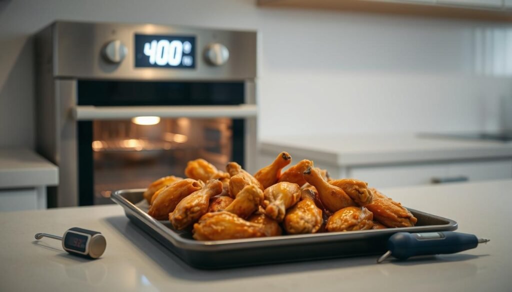 A well-lit kitchen counter with a stainless steel oven in the background, its display prominently showing the optimal temperature for baking chicken wings, 400 degrees Fahrenheit. In the foreground, a tray of golden-brown chicken wings sizzling under a bright overhead light, creating a tantalizing aroma. The countertop is clean and uncluttered, with a digital meat thermometer nearby, emphasizing the importance of precise temperature control for perfectly cooked wings. The atmosphere is one of culinary precision and mouthwatering anticipation.