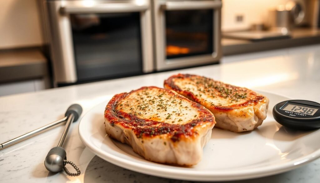 A well-lit kitchen counter, with a stainless steel oven in the background. On the counter, a plate with two juicy pork chops, seasoned with herbs and spices. Next to the plate, a digital meat thermometer and a timer. The image conveys a sense of culinary expertise and attention to detail, with the pork chops as the focal point. The lighting is soft and natural, creating a warm and inviting atmosphere. The camera angle is slightly elevated, giving the viewer a close-up perspective of the pork chops and the tools used to ensure perfect doneness. The overall composition is balanced and visually appealing, highlighting the key information needed to determine the optimal cooking time for oven-baked pork chops.