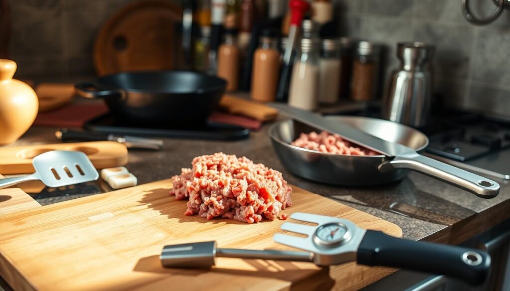 A well-lit kitchen counter with an assortment of cooking utensils for ground beef preparation. In the foreground, a wooden cutting board, a stainless steel spatula, a pair of tongs, and a meat thermometer. In the middle ground, a cast-iron skillet, a sturdy chef's knife, and a garlic press. In the background, a spice rack with various seasonings. The scene is bathed in warm, natural lighting, creating a cozy and inviting atmosphere, perfect for a home-cooked meal.