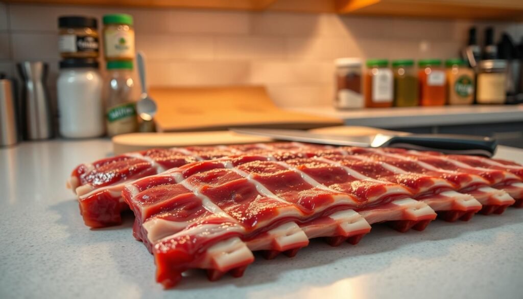 A well-lit kitchen counter, with fresh, meaty pork ribs laid out in the foreground. The ribs are meticulously trimmed, with the membrane removed and the meat glistening under soft, warm lighting. In the middle ground, a sharp knife and a cutting board stand ready, while in the background, jars of spices and seasonings line the shelves, hinting at the flavors soon to be applied. The scene exudes a sense of anticipation and preparation, setting the stage for the delicious ribs to come.