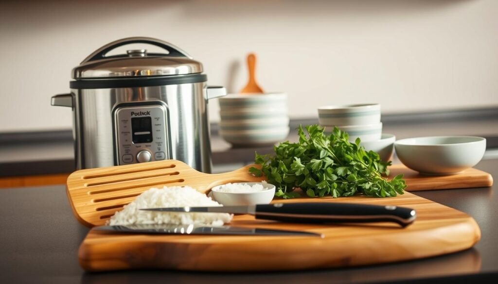 A well-lit kitchen countertop showcases an assortment of essential rice cooking tools. In the foreground, a gleaming stainless steel rice cooker stands prominently, its sleek design and polished finish catching the light. Beside it, a traditional bamboo rice paddle and a set of delicate porcelain rice bowls create a harmonious composition. In the middle ground, a sturdy wooden cutting board displays a sharp, handcrafted knife and a fragrant bundle of fresh herbs, hinting at the flavors to come. The background softly fades into a neutral, warm-toned color palette, allowing the focus to remain on the carefully curated kitchen tools, each designed to simplify the art of cooking rice to perfection.