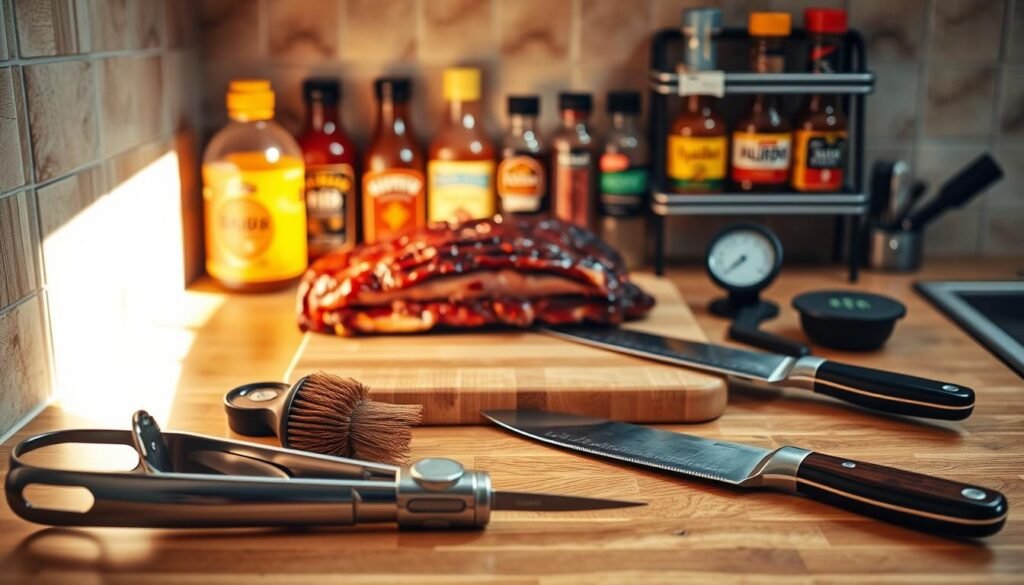 A well-lit kitchen countertop, showcasing an array of essential tools for cooking succulent, fall-off-the-bone ribs. In the foreground, a sturdy pair of tongs, a basting brush, and a meat thermometer stand ready. In the middle ground, a large cutting board and a sharp chef's knife await the perfectly cooked ribs. In the background, a rack of rib-specific barbecue sauces and seasonings add depth and context. The scene is bathed in warm, natural lighting, creating a cozy, inviting atmosphere perfect for the art of rib-making.