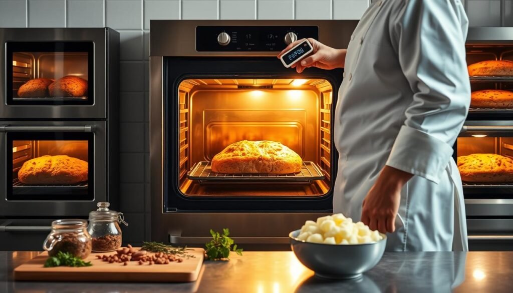 A well-lit kitchen scene with a large stainless steel oven in the center, its door ajar, revealing a golden-brown meatloaf inside. In the foreground, a chef in a crisp white apron is carefully checking the oven's temperature with a digital thermometer. On the counter, a cutting board with fresh herbs and spices, and a bowl of mashed potatoes, ready to be served alongside the meatloaf. The background is filled with the warm glow of other ovens, each containing various stages of meatloaf baking. The overall atmosphere is one of precision, care, and the comforting aroma of a homemade meal.