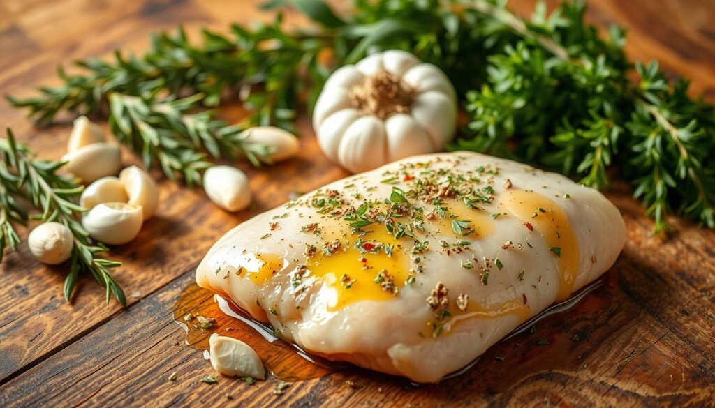 A wooden kitchen counter holds an arrangement of fresh herbs - rosemary, thyme, oregano, and garlic cloves. In the foreground, a chicken breast is seasoned with the aromatic herbs, while a marinade of olive oil, lemon, and spices is drizzled over it. The scene is bathed in warm, natural lighting, highlighting the textures and colors of the ingredients. The overall mood is one of culinary preparation and anticipation, inviting the viewer to imagine the delicious flavors to come.