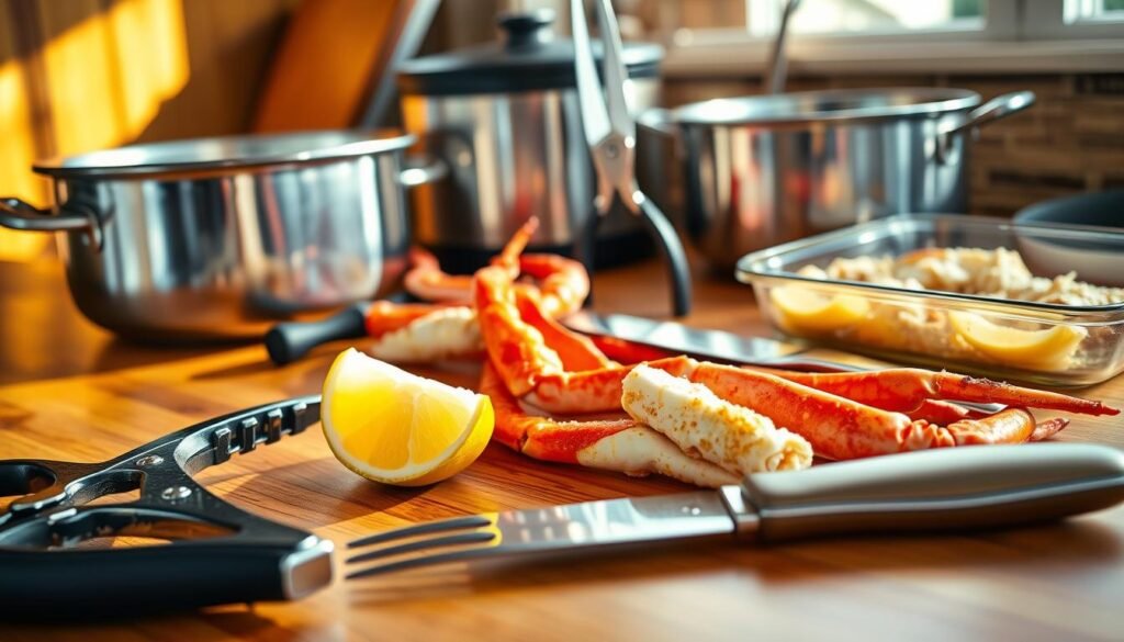 A wooden kitchen countertop, bathed in warm, natural lighting, showcases an assortment of essential tools for cooking succulent crab legs. In the foreground, a pair of sturdy crab crackers and a small fork for delicately extracting the sweet meat sit alongside a lemon wedge. In the middle ground, a heavy-duty pair of kitchen shears and a sharp paring knife stand ready to tackle the task. In the background, a stainless steel steamer pot and a shallow baking dish hint at the various cooking methods suited for these delectable crustaceans. The overall scene exudes a sense of culinary preparedness and anticipation, inviting the viewer to embark on a delicious crab leg feast.