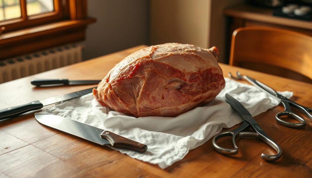 A wooden table with a white cloth, in the center a raw ham with its skin on, ready for preparation. Surrounding the ham are various kitchen tools - a sharp carving knife, a boning knife, a meat fork, and a pair of kitchen shears. Warm, natural lighting from a window casts a soft glow over the scene, highlighting the intricate textures of the ham and the polished metal of the tools. The overall atmosphere is one of culinary anticipation, inviting the viewer to imagine the delicious meal to come.