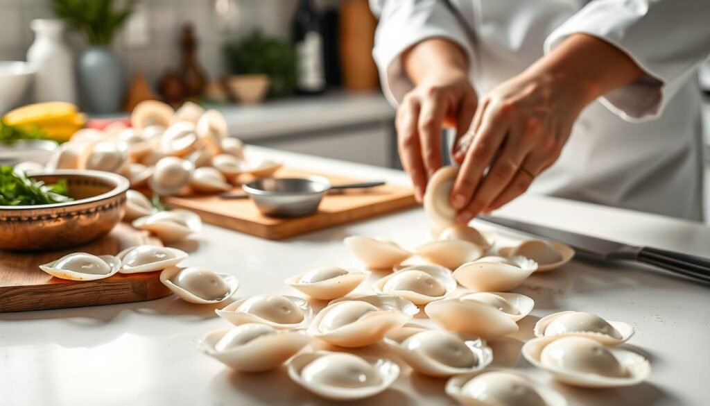 Cleaning scallops: a crisp, well-lit kitchen counter, scallops carefully arranged, their glossy white shells gleaming. In the foreground, a chef's hands delicately shucking the scallops, revealing their plump, tender flesh. The middle ground features a sharp knife, a wooden cutting board, and a small bowl for the discarded shells. The background showcases a tidy, organized workspace, with herbs, spices, and other cooking essentials within reach, creating a serene, professional atmosphere. Soft, natural lighting illuminates the scene, emphasizing the fresh, delicate nature of the scallops. This image captures the precision and care required to properly prepare scallops for delicious culinary creations.