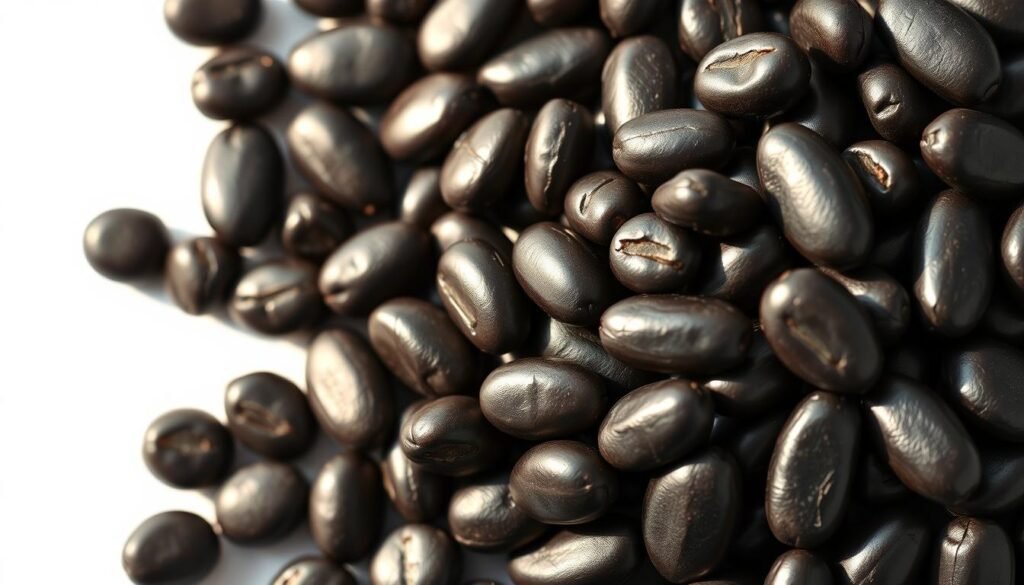 Detailed close-up of a pile of glossy black beans, illuminated by soft, warm lighting from the side, creating subtle shadows and highlights that accentuate the beans' smooth, lustrous texture. The beans are set against a simple, uncluttered white background, allowing their natural beauty and vibrant color to take center stage. The overall composition conveys a sense of simplicity, nutritional value, and the inherent goodness of this versatile legume.