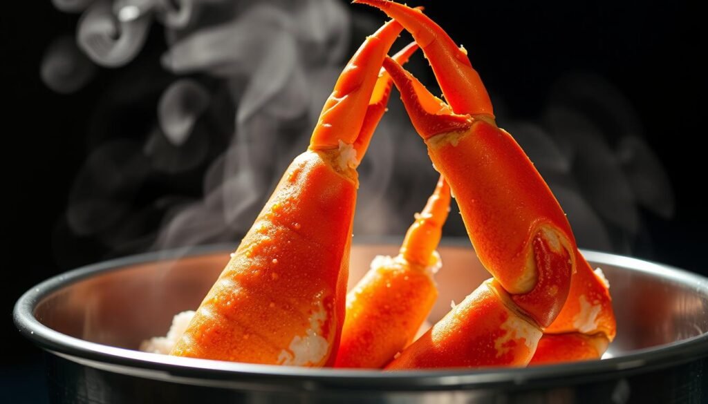 Dramatic close-up of thawing, glistening crab legs emerging from a steaming metal bowl. Softly lit from the side, revealing the intricate texture and vibrant orange hue of the shell. The crab legs appear plump and succulent, their meat visible through the translucent shell. A delicate steam rises, creating an evocative atmosphere. The composition is balanced and visually compelling, inviting the viewer to imagine the sensory experience of preparing and enjoying these fresh, high-quality crab legs.