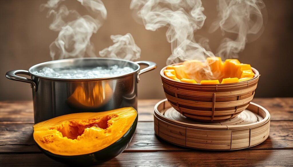 Foreground: Two halves of an acorn squash, one being boiled in a pot of bubbling water, the other being steamed over a bamboo steamer. The boiled squash is releasing clouds of steam, while the steamed squash is gently enveloped in a misty haze. Middle: The pot and steamer are positioned on a rustic wooden table, with a neutral background that allows the squash to be the focal point. Background: Warm, natural lighting illuminates the scene, casting soft shadows and highlighting the vibrant orange hues of the squash. The overall atmosphere is one of culinary simplicity and the comforting aroma of a home-cooked meal. Focal Length: 50mm Aperture: f/5.6 Shutter Speed: 1/60 sec Prompt
