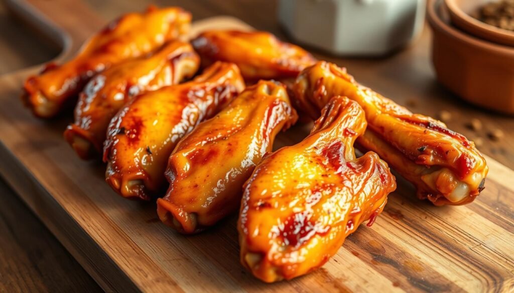 High-quality photorealistic image of golden-brown oven-roasted chicken wings, arranged on a wooden cutting board or rustic surface. The wings should have a crispy, caramelized skin and juicy interior, with a glistening, appetizing appearance. The lighting should be warm and natural, creating an inviting, homey atmosphere. The composition should focus on the main subject, with minimal distractions in the background, such as a simple kitchen counter or table setting. The image should convey the delicious, effortless benefits of oven-cooked chicken wings, perfectly suited to illustrate the "Why Choose the Oven for Cooking Chicken Wings?" section of the article.
