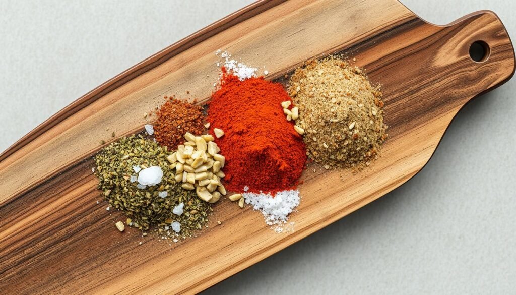 Lobster tail seasoning displayed on a rustic wooden board, shot from an overhead angle with natural lighting. The seasoning consists of a mix of fragrant spices and herbs, including paprika, garlic powder, dried thyme, and coarse sea salt. The ingredients are arranged in small piles, creating a visually appealing composition. The background features a slightly blurred, neutral-toned surface, allowing the vibrant colors of the seasoning to take center stage. The overall mood is one of simple elegance, showcasing the essential flavors that will elevate the taste of the lobster tail.