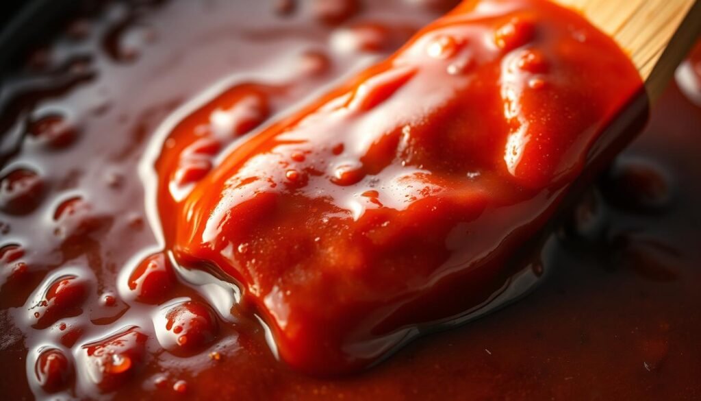 Mouth-watering BBQ sauce for ribs, glistening in the warm light. Thick, glossy texture, deep red-brown hue, hints of smoky spices and sweet tang. Carefully crafted blend of tomato, molasses, vinegar, and seasonings simmers on the stovetop, filling the air with irresistible aromas. Velvety smooth consistency, clings perfectly to each tender rib, elevating the flavors. Close-up view, just the right balance of ingredients, ready to be brushed over a rack of sizzling, fall-off-the-bone ribs. Rustic, homemade appeal, perfectly suited to accompany the simple oven-baked rib recipe.