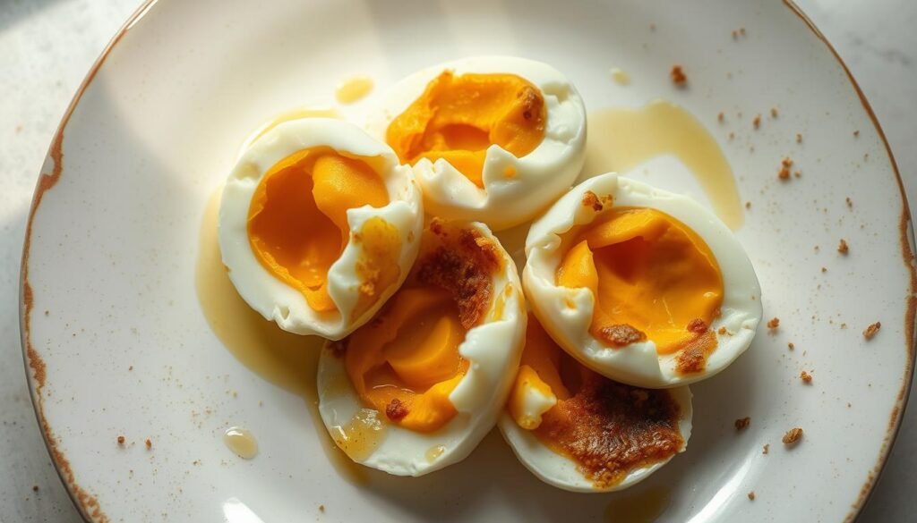 Overcooked eggs, a cracked and neglected mess on a worn ceramic plate. Yolks dull and chalky, whites shrunken and rubbery, sizzled to an unappetizing brown. Splatters of oil and dried specks of seasoning dot the plate's chipped edges, a testament to careless preparation. Harsh overhead lighting casts unflattering shadows, emphasizing the unappealing texture and appearance. A cautionary tale of kitchen mishaps, this image embodies the perils of improper timing and temperature control when cooking hard-boiled eggs.