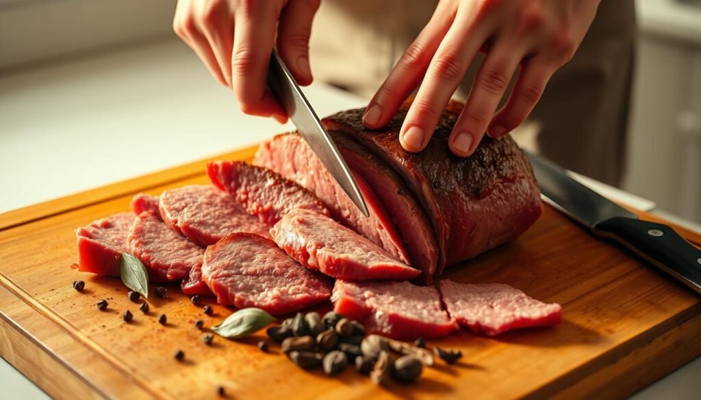 Preparing corned beef, close-up view of hands slicing a tender, pink-hued corned beef brisket on a wooden cutting board. The brisket is accompanied by aromatic spices, such as bay leaves, peppercorns, and cloves, scattered around the board. Warm, indirect lighting casts a soft glow, emphasizing the rich, marbled texture of the meat. The countertop is clean and uncluttered, allowing the focus to remain on the preparation process. The overall mood is one of culinary anticipation, as the viewer imagines the savory aromas and flavors that will soon emerge from this classic dish.