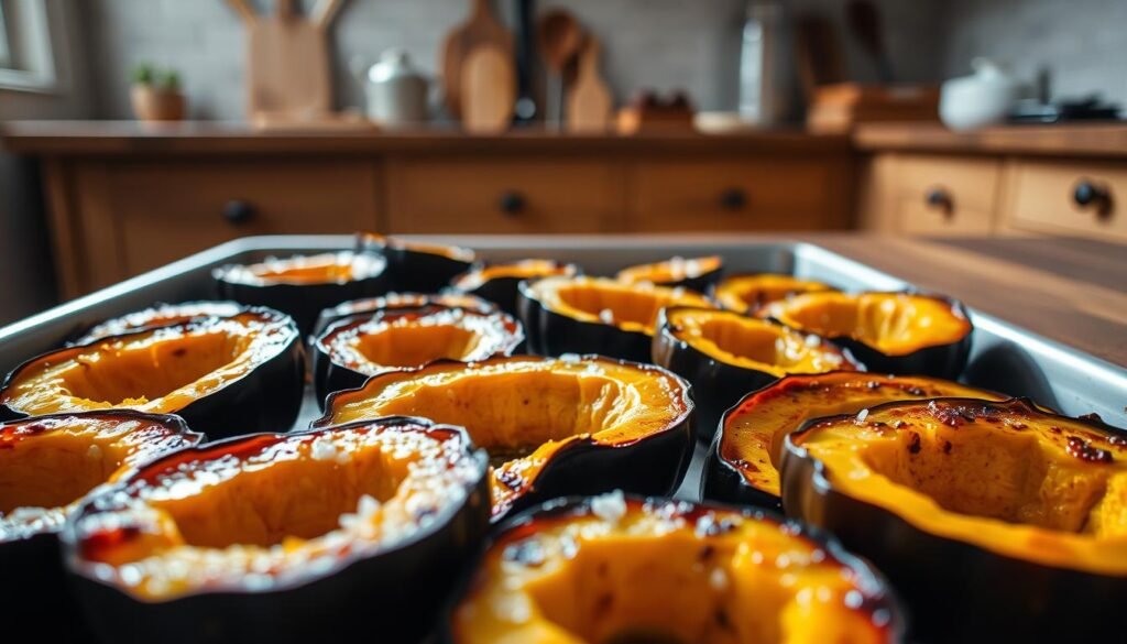 Roasting acorn squash halves on a baking sheet, drizzled with olive oil and sprinkled with sea salt. Warm, golden-brown squash wedges in the foreground, filling the frame with their earthy, autumnal hues. Soft, natural lighting from above casts a cozy glow, highlighting the tender flesh and caramelized edges. In the background, a minimalist kitchen setting with wooden countertops and simple utensils, creating a rustic, homely atmosphere. The composition emphasizes the simplicity and deliciousness of this classic roasting method for acorn squash.