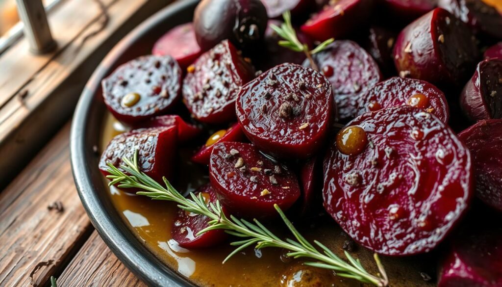 Seasoned cooked beets arranged on a rustic wooden table, drizzled with olive oil and sprinkled with aromatic herbs like thyme, rosemary, and cracked black pepper. The beets have a rich, earthy hue and a glistening, caramelized surface, illuminated by soft, natural lighting from a window. The image conveys the comforting flavors and textures of a simple, yet flavorful beet dish, suitable for a beginner's guide to cooking beets.