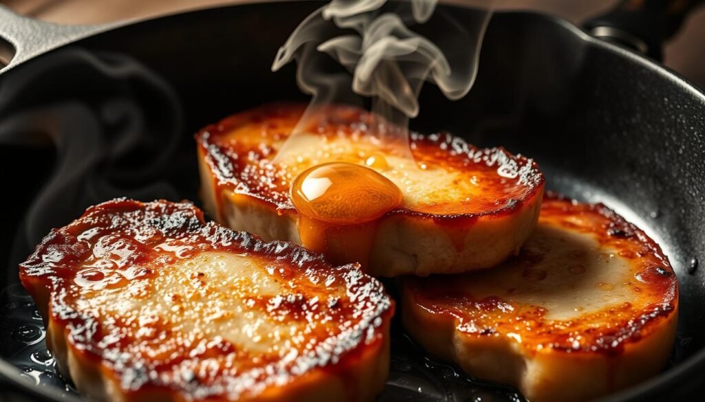 Sizzling pork chops, golden-brown and glistening, under the intense heat of a cast-iron skillet. Crisp edges frame the tender, juicy meat within. Billowing plumes of aromatic smoke dance through the air, hinting at the savory flavors to come. A single drop of rendered fat sizzles as it hits the scorching surface, casting a warm glow across the scene. The chops are backlit by a soft, even light, casting dramatic shadows that accentuate their form. The camera angle is slightly low, emphasizing the prominence of the chops and inviting the viewer to imagine the satisfying crunch and flavorful bite.