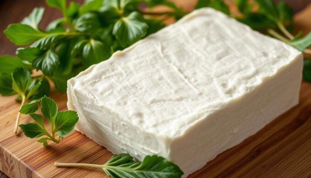 Tofu: A Versatile Culinary Canvas A close-up view of a block of fresh, silky tofu, its surface glistening with a slight sheen. The tofu is nestled on a wooden cutting board, surrounded by lush green leaves and delicate herbs, hinting at the plant-based origins of this versatile ingredient. Soft, white, and supple, the tofu appears invitingly ready to absorb the flavors of any dish. Overhead lighting casts a warm, natural glow, highlighting the tofu's smooth texture and the vibrant colors of the accompanying ingredients. The composition evokes a sense of simplicity, purity, and the endless culinary possibilities that tofu offers.