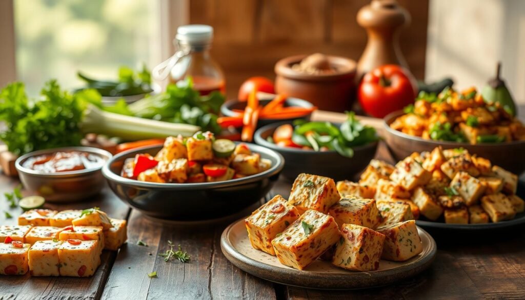 Vibrant still life showcasing a variety of creative tofu dishes. In the foreground, an assortment of tofu preparations - marinated, baked, and stir-fried, arranged on a rustic wooden table. The middle ground features an array of fresh vegetables, herbs, and seasonings, hinting at the flavorful ingredients used. The background has a warm, natural lighting, casting a soft glow on the scene, evoking a cozy, homemade atmosphere. The overall composition emphasizes the versatility and culinary potential of tofu, inviting the viewer to explore innovative ways of incorporating this nutrient-dense ingredient into their cooking.