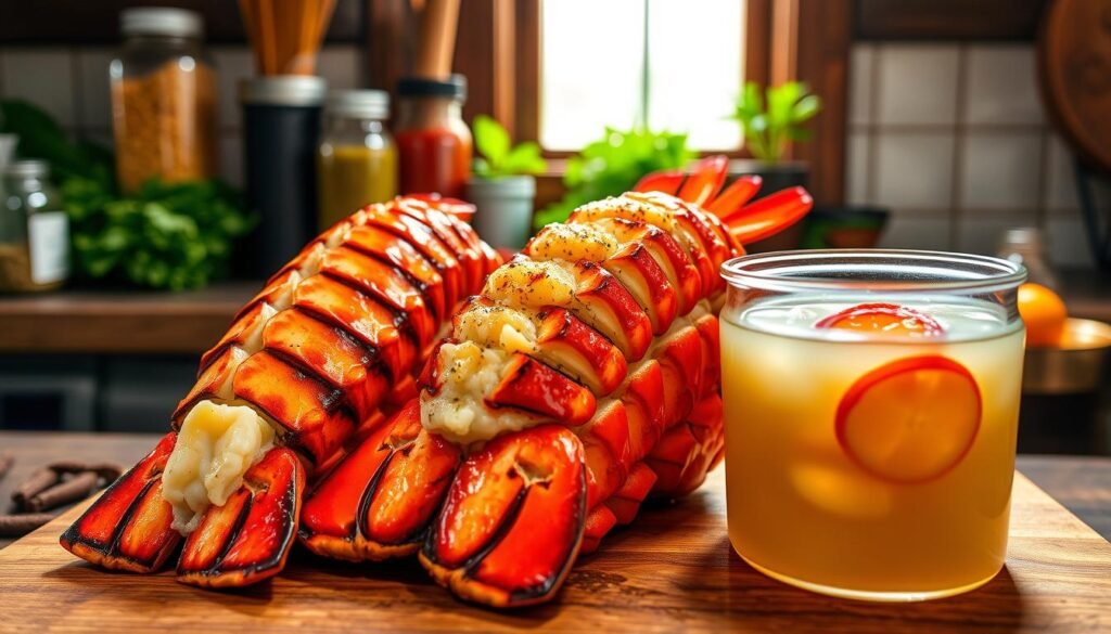 a closeup view of three different methods of cooking lobster tail, with a vibrant and appetizing arrangement: a grilled lobster tail with grill marks, a baked lobster tail with golden-brown top, and a poached lobster tail in a clear broth, all presented on a wooden cutting board with a backdrop of a rustic kitchen counter with jars, spices, and herbs in the background, illuminated by warm, natural lighting from a window, creating a mouthwatering and instructional scene for a culinary guide