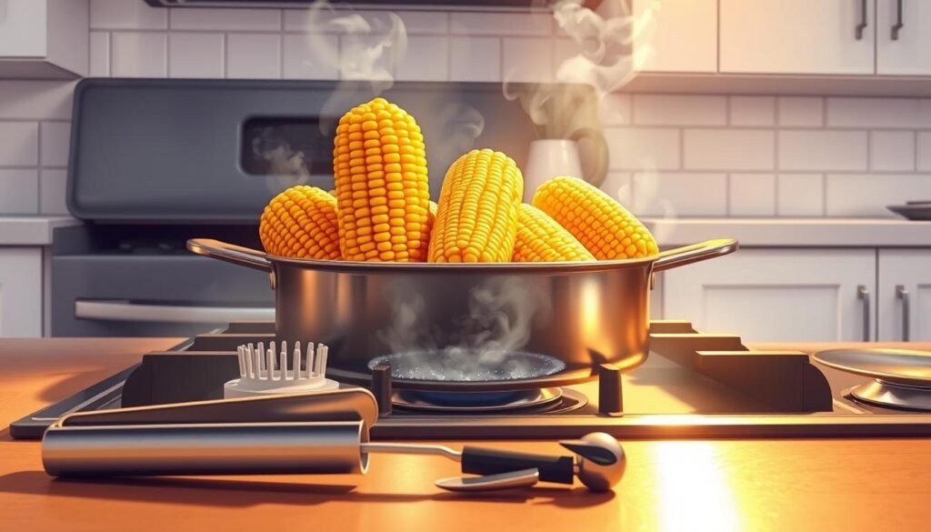 a detailed, realistic illustration of several corn cobs being carefully cooked on a gas stovetop. The corn is placed in a large pot filled with boiling water, with steam rising gently. The stovetop is brightly lit, creating warm highlights on the metal and glass surfaces. In the foreground, a pair of cooking tongs and a small knife are neatly arranged, suggesting the tools needed for safe corn preparation. The background shows a clean, organized kitchen with white cabinets and tiled walls. The overall scene conveys a sense of culinary expertise and attention to safety.